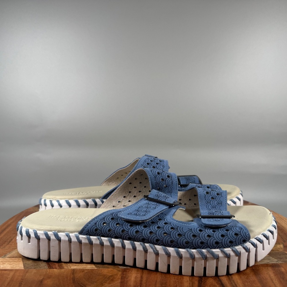 Ilse Jacobsen Tulip 3574 Blue Laser Cut Double Strap Slide Sandals Womens 39 9